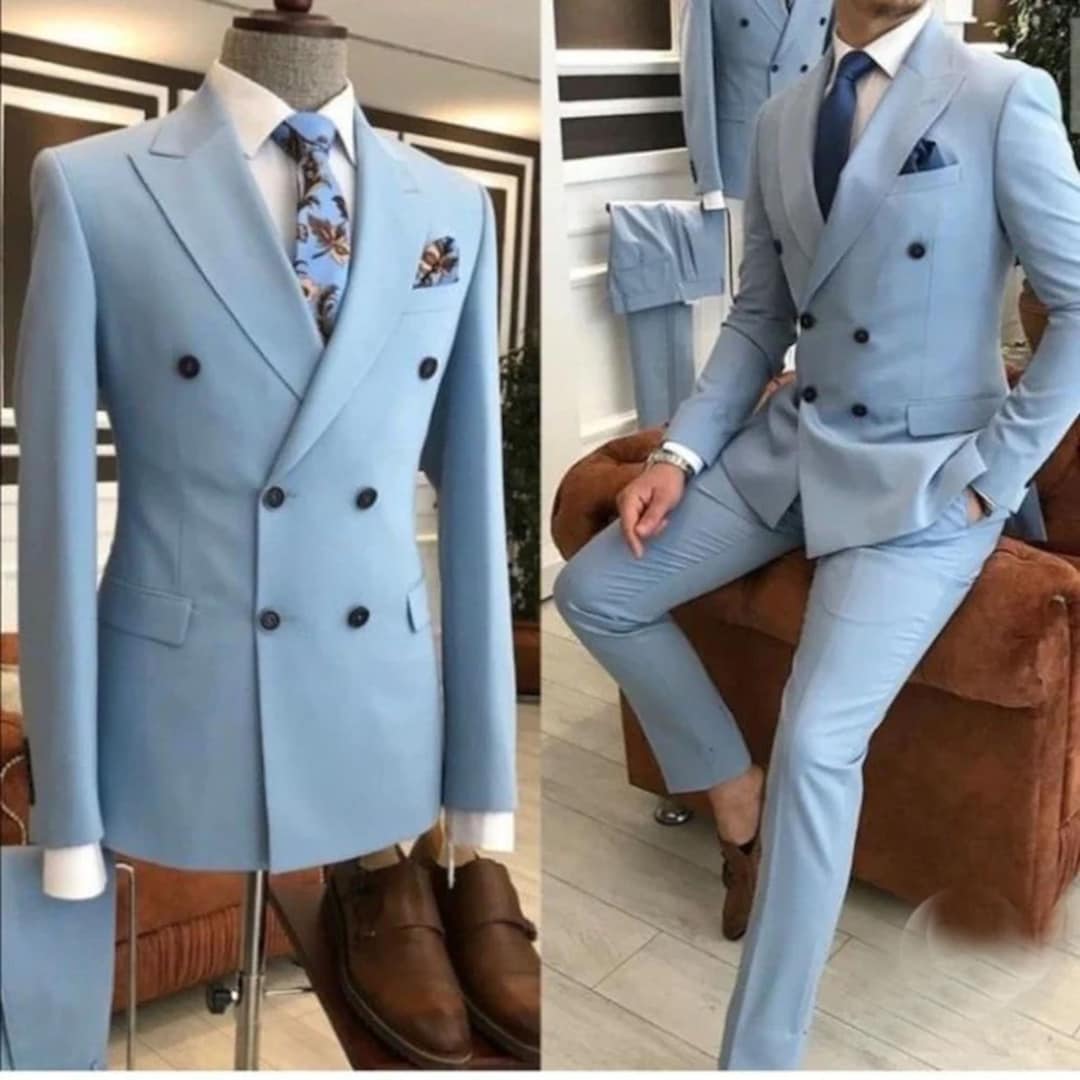 Men Sky Blue Suits Double Breasted Wedding Dinner Party Wear Suits Etsy