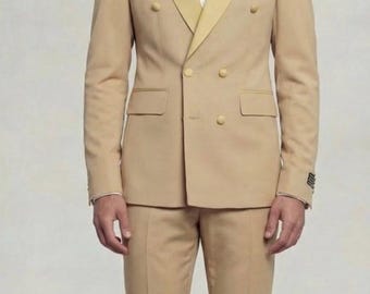 Men's beige Suits Double Breasted Wedding Dinner Party Wear Suits (Coat+Pants)