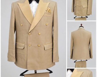Costumes homme beige croisé pour dîner de mariage (manteau + pantalon)