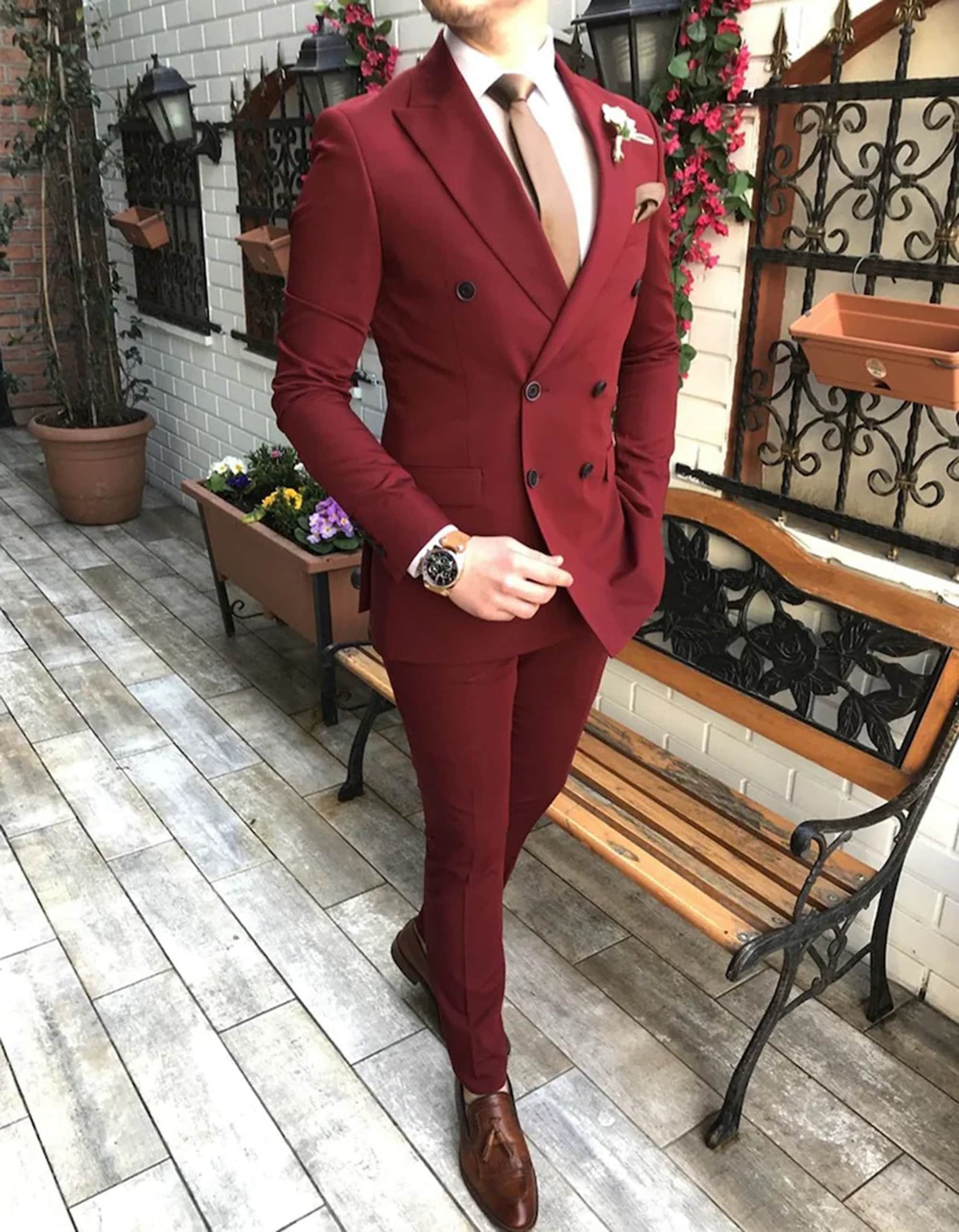 Men's Color Block Print Double Breasted Suit Red - Cloudstyle