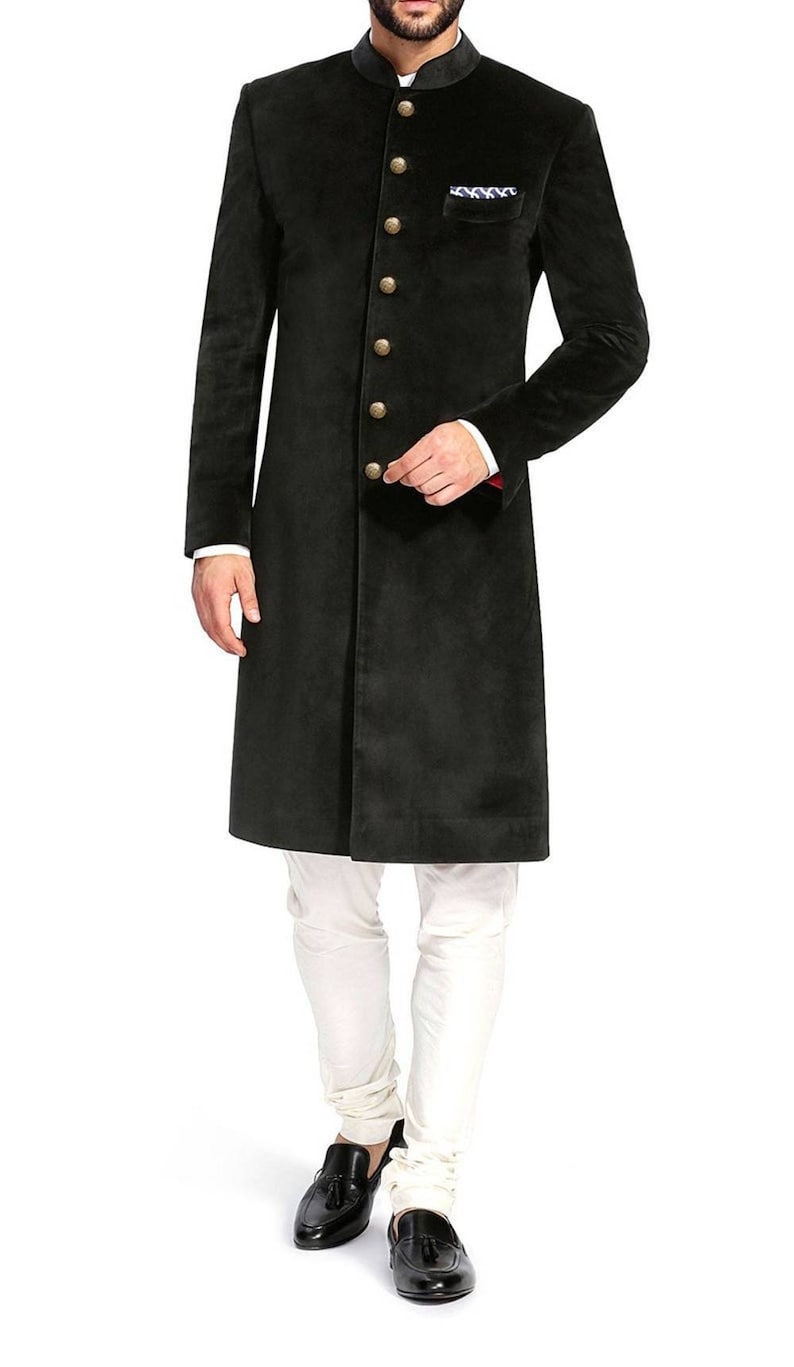 Men Black Velvet Long Coat Wedding Sherwani Dinner Party Wear Etsy