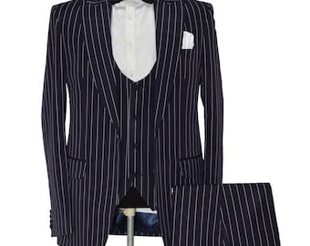 Man Navy Blue Suits Pin Stripe  Wedding Dinner Party Wear Suits (Coat+Waistcoat+Pants)