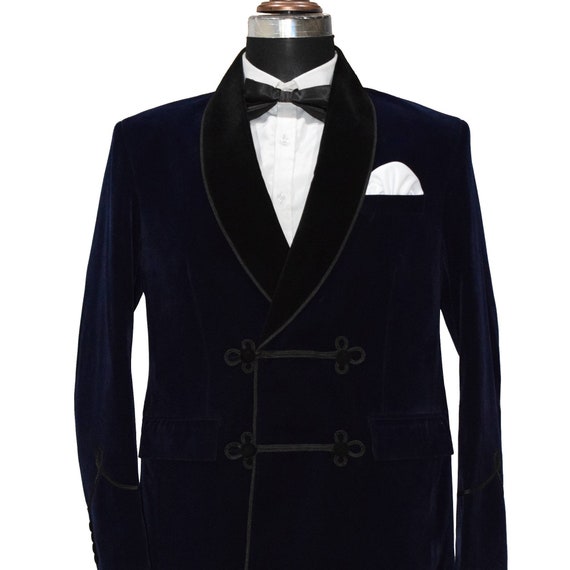 Navy Blue Smoking Jacket for Men Double Breasted Velvet Coats Etsy