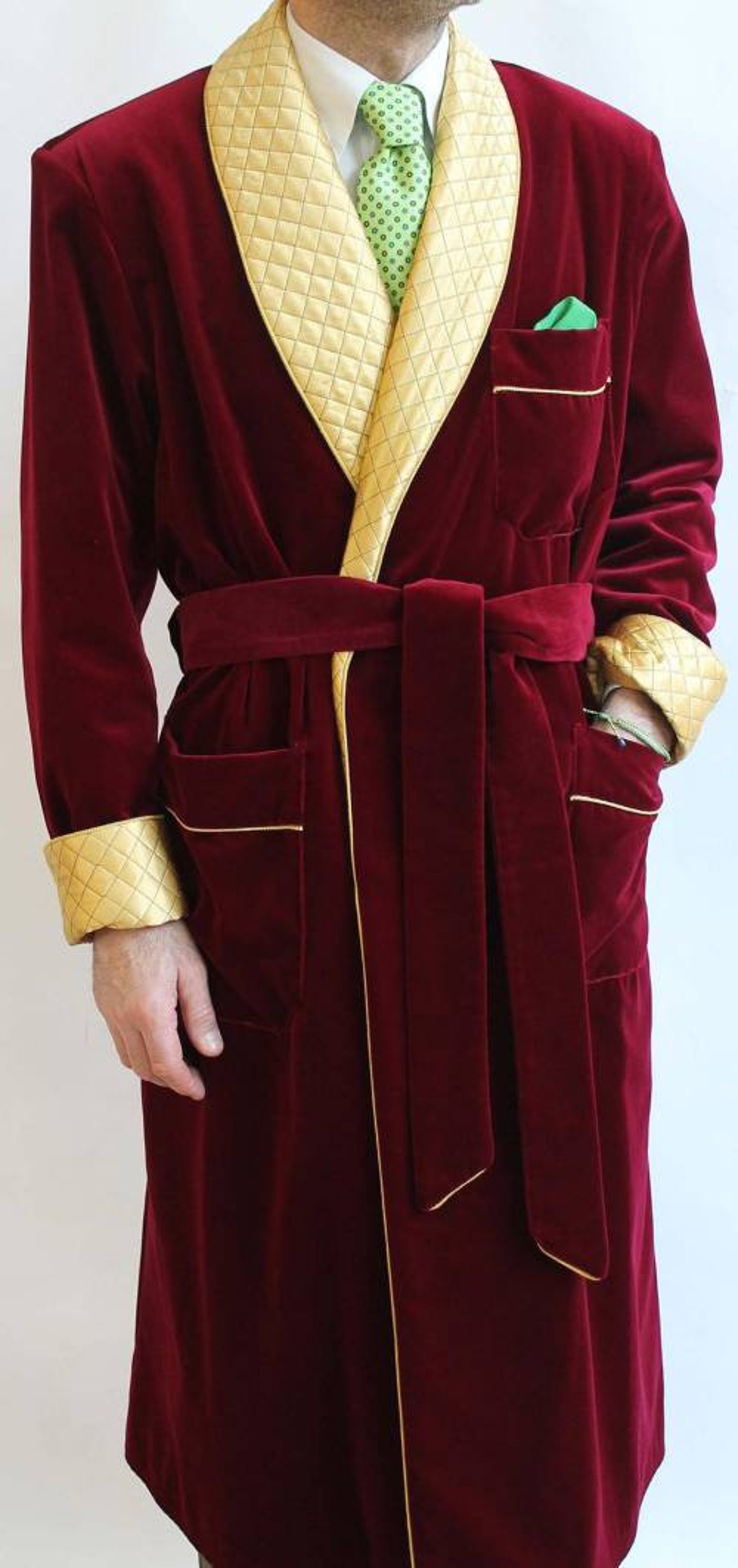 Men's Smoking Robe Men Maroon Smoking Gowns Robe Quilted Lapel Dinner Party Wear Long ...