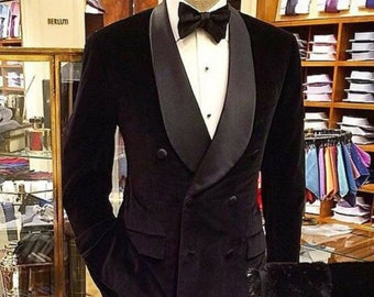 Men Black Blazers Shawl Lapel Double Breasted Dinner Party Wear Coats