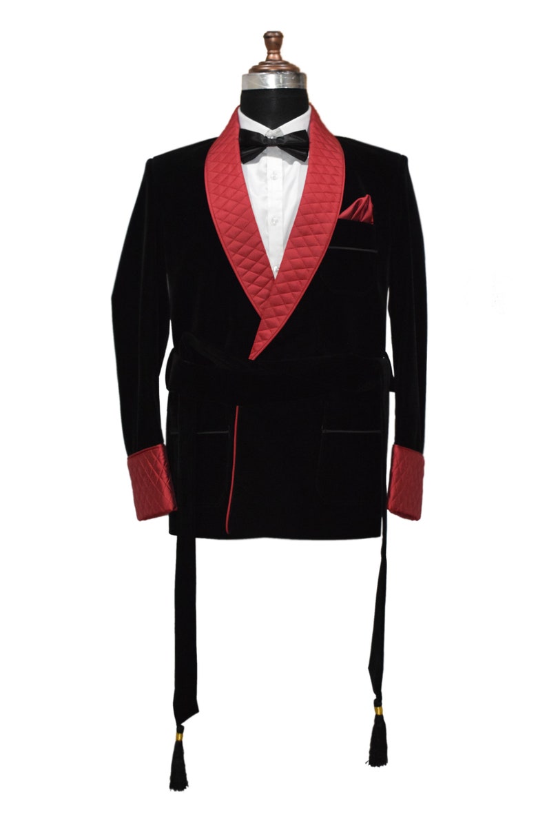 Men Black Smoking Jackets Quilted Lapel Belted Dinner Cigar Etsy