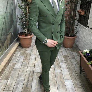 Men Green Suits Double Breasted Wedding Dinner Party Wear Suits (Coat+Pants)