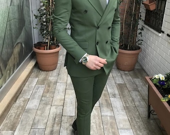 メンズ グリーンスーツ ダブルブレスト 結婚式 ディナーパーティー