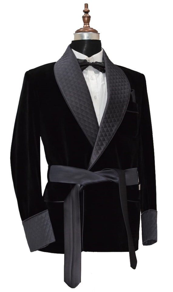 Man Black and Gray Smoking Jackets Quilted Lapel Belted Dinner - Etsy