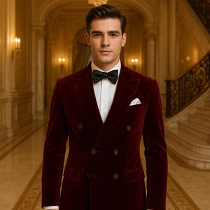 Op de afbeelding: Een bordeauxrode fluwelen double-breasted blazer met een zwarte vlinderdas en een wit overhemd. De formele jas heeft gouden knopen en een pochet. De man staat in een grote hal met een kroonluchter.