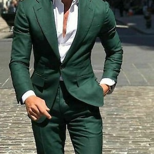 Olive Green Suits Single Breasted Wedding Grooms Dinner Party Wear Suits (Coat + Pants)