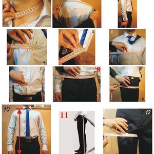 May include: Diagram showing 12 different measurements for a suit, including neck, shoulder, chest, waist, hip, inseam, and sleeve length. The measurements are shown in inches.