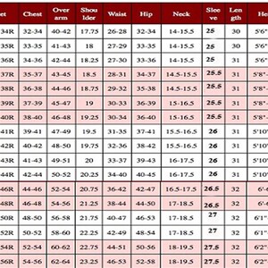 May include: A size chart for clothing with measurements in inches for jacket, chest, over arm, shoulder, waist, hip, neck, sleeve, length, and height.
