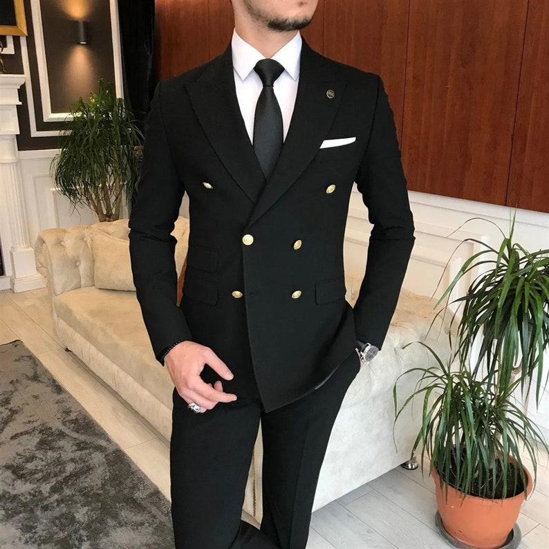 Special Gift For Him Black Suits Double Breasted Wedding image 1