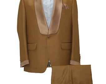 May include: A brown tuxedo suit with a satin shawl collar. The jacket has a single button closure and a pocket on the left side. The pants have a single pleat on each side and a pocket on the right side.