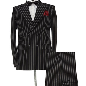 Men Black Stripe Suits Double Breasted Wedding Dinner Party Wear Suits