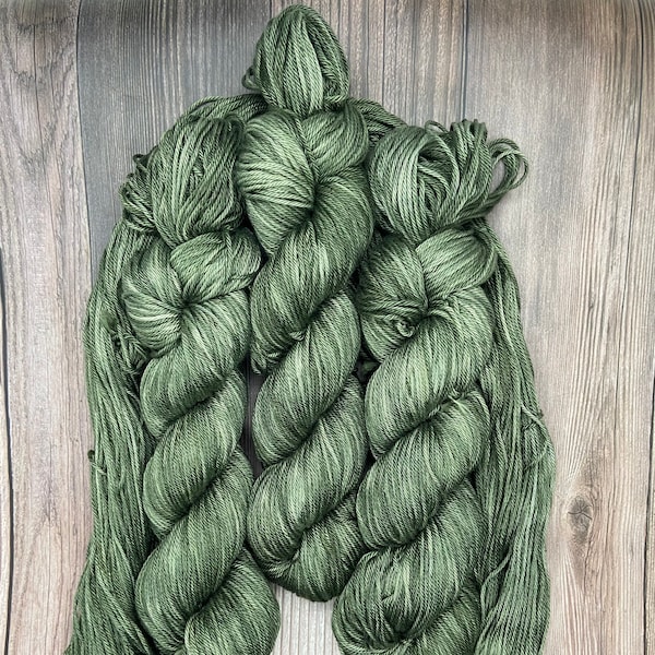 Under the Evergreens, Pima Cotton, Hand Dyed Yarn, soft earth green, indie dyed organic dk, vegan yarn for knitters weavers crocheters