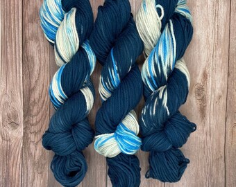 Lightning Strike Organic Cotton Worsted Hand Dyed Yarn Weather theme indie dyed blue beige vegan yarn for knitters weavers crocheters