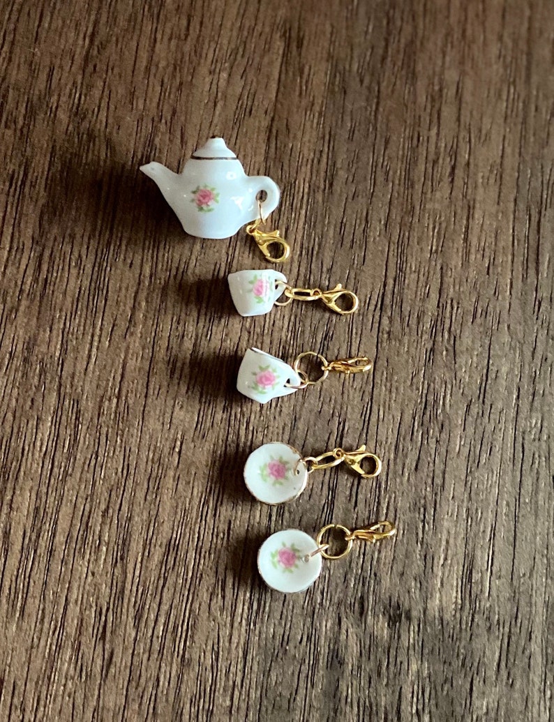 Vintage Tea Set Five Stitch Markers Lobster Claw Progress Etsy
