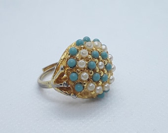 Anello vintage Sarah Coventry Color oro con perle e pietre turchesi