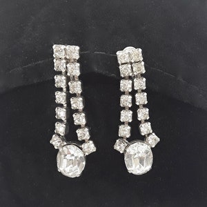 Vintage Rhinestone Two Strand Dangle Earrings, Clip On