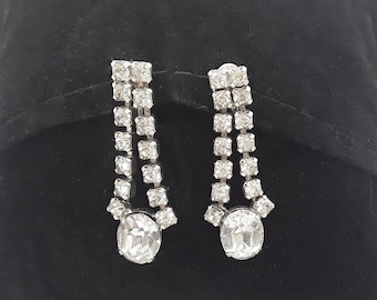 Vintage Rhinestone Two Strand Dangle Earrings, Clip On