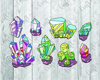 May include: Set of eight colorful crystal illustrations in various shapes and sizes. The crystals are outlined in black and have a variety of colors, including pink, blue, green, yellow, and purple. The crystals are on a white background.