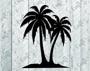 May include: Black silhouette of two palm trees with trunks connected at the base, standing on a small island. The trees have a tropical feel and are perfect for a summer-themed design.