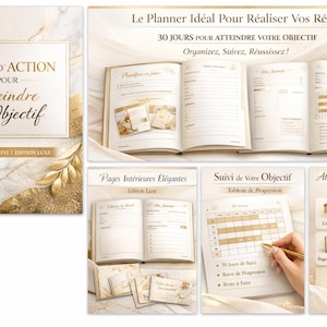 Peut inclure: Un planificateur de luxe avec des accents dorés et le texte "PLAN D'ACTION POUR Atteindre votre Objectif". Le planificateur comprend des pages pour la planification, le suivi des objectifs et la tenue d'un journal. Un stylo doré est sur la couverture.