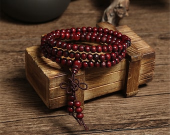 Red Natural Sandalwood Tibetan Buddhist Mala Bracelets, 108 Natural Sandalwood Prayer Beads Bracelet, Wooden Mala Bracelet, Buddha Bracelets