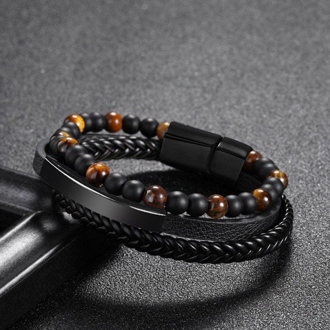 Men's Tiger's Eye Obsidian Braided Leather Bracelet - Etsy