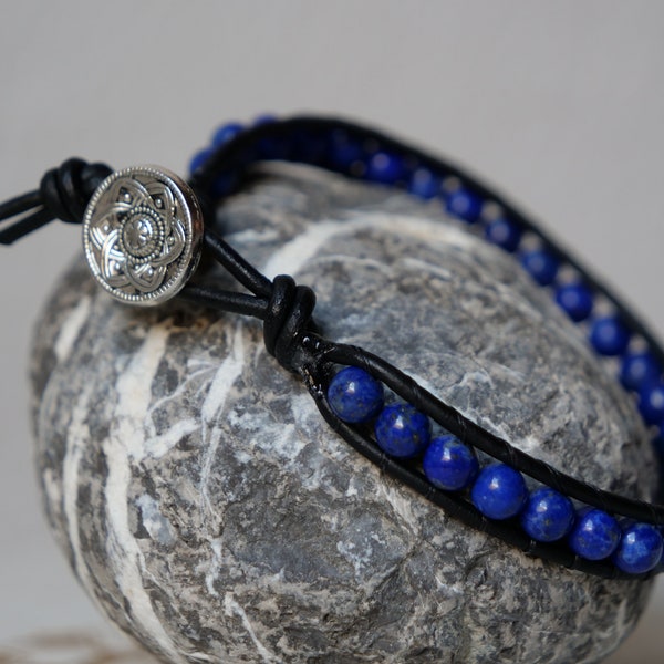 Bracelet Wrap Lapis Lazuli Simple Tour, Bracelet en Cuir et Perles de Pierres