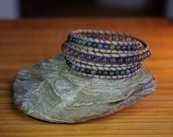 Bracelet Wrap Dumortierite et Iolite 3 tours, Bracelet Coton Ciré et Perles de Pierre