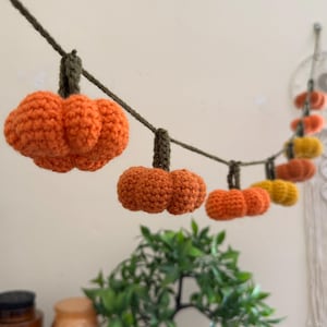 Pode incluir: Uma guirlanda de abóboras de crochê laranja e amarelo com caules verdes, pendurada em um barbante.