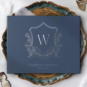 Custom Monogram Wedding Guest Book, Personalized Crest Wedding Guestbook, Modern Hardcover Instax Photo Book, Classic Silver Foil Logo Album