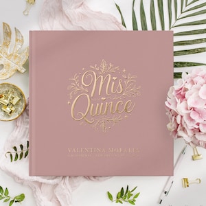 Livro de visitas de quinceañera, livro de visitas personalizado em folha de ouro, álbum de fotos da Mis Quince, presente de aniversário de 15 anos, livro de assinaturas rosa personalizado para festa, Sweet 15