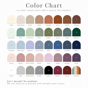 Personalized wedding planner book color chart offering 40+ cover colors, including sage green, blush, navy, and warm neutrals. Ideal for bridal shower gift, gift for bride, and engagement gifts with gold foil, silver foil, or rose gold finishes.