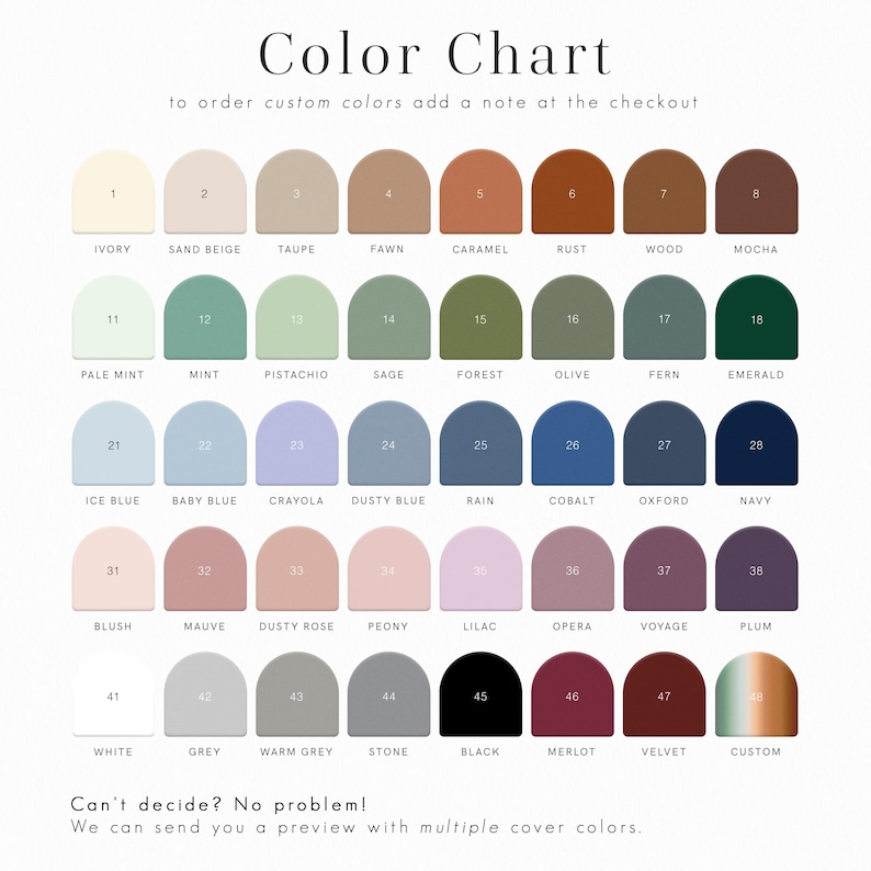 Personalized wedding planner book color chart offering 40+ cover colors, including sage green, blush, navy, and warm neutrals. Ideal for bridal shower gift, gift for bride, and engagement gifts with gold foil, silver foil, or rose gold finishes.