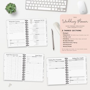 May include: A wedding planner with 8 tabbed sections: Budget, Checklist, To-Do List, Vendors, Bridal Shower, Bachelorette Party, Honeymoon, and Notes/Vows. The planner has a white background with black text and a gray border.