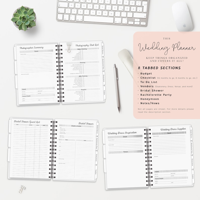 May include: A wedding planner with 8 tabbed sections: Budget, Checklist, To-Do List, Vendors, Bridal Shower, Bachelorette Party, Honeymoon, and Notes/Vows. The planner has a white background with black text and a gray border.