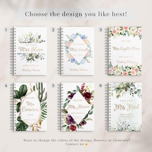 Set of six personalized floral and greenery wedding planner book designs in mocha, olive, stone, and caramel colors with gold foil text. Perfect for organizing wedding details, budgeting, and checklists. An ideal bridal shower gift, engagement present, or keepsake.