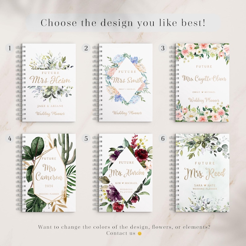 Set of six personalized floral and greenery wedding planner book designs in mocha, olive, stone, and caramel colors with gold foil text. Perfect for organizing wedding details, budgeting, and checklists. An ideal bridal shower gift, engagement present, or keepsake.