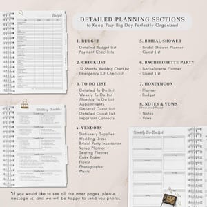 Detailed custom wedding planner book with sections for budget, checklist, to-do lists, vendors, bridal shower, bachelorette party, honeymoon, and vows. A must-have for organizing the perfect wedding. Ideal bridal shower, bachelorette or engagement gift.