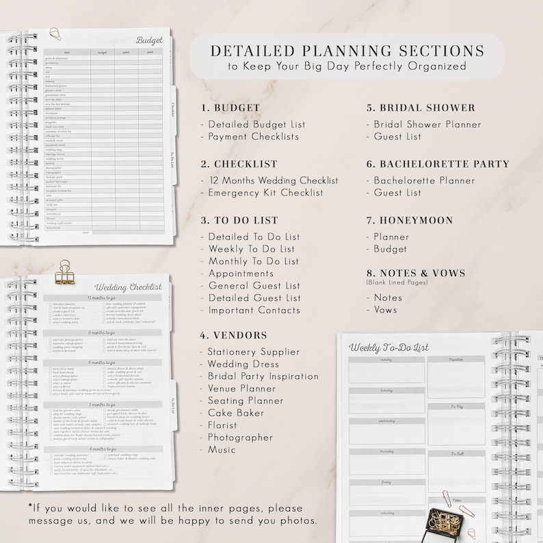 Detailed custom wedding planner book with sections for budget, checklist, to-do lists, vendors, bridal shower, bachelorette party, honeymoon, and vows. A must-have for organizing the perfect wedding. Ideal bridal shower, bachelorette or engagement gift.