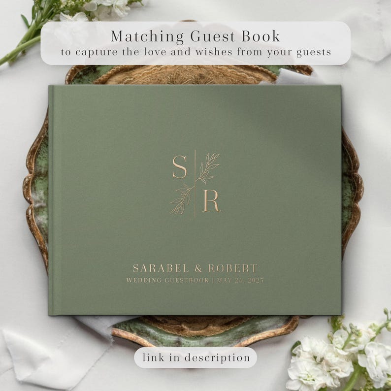 Minimalist personalized guest book displayed in a styled flat lay with a soft sage-green hardcover and elegant gold foil monogram, placed on a decorative tray with light florals and neutral textures. Designed to collect heartfelt messages and signatures, this wedding guest book suits classic and modern celebrations alike. A refined keepsake for a wedding ceremony, anniversary gift, or custom wedding album, featuring timeless design, premium materials, and an elegant, understated aesthetic.
