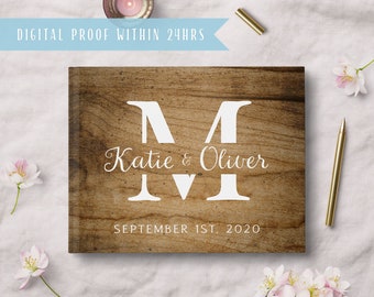 Rustic Wedding Guest Book Personalized - Wooden Horizontal Wedding Book with Monogram - Hardcover Album Rustic - Custom Guestbook #gb021