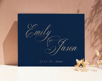 Navy Wedding Guest Book, Gold Foil Horizontal Wedding Book with Calligraphy Names, Hardcover Album  #gb012