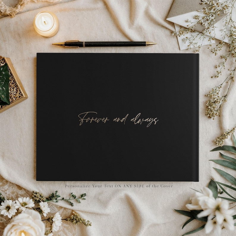 Wedding guestbook with personalized black cover and elegant gold foil, perfect for a classic wedding ceremony, reception, or anniversary celebration. This custom guest sign in book serves as a timeless wedding album where guests can leave signatures, wishes, and photos. Designed as a minimalist yet luxurious keepsake, it is ideal as a custom wedding gift, anniversary memory book, or elegant décor piece, fitting boho, traditional, and modern wedding themes.