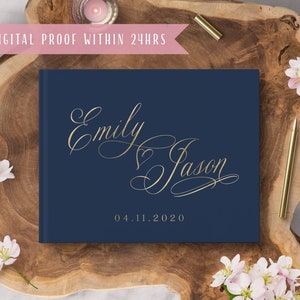 Navy Wedding Guest Book, Gold Foil Horizontal Wedding Book with Calligraphy Names, Hardcover Album  #gb012