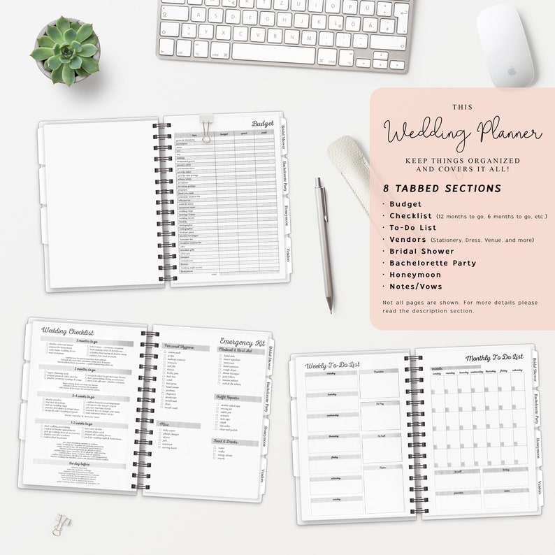 May include: A wedding planner with 8 tabbed sections: Budget, Checklist, To-Do List, Vendors, Bridal Shower, Bachelorette Party, Honeymoon, and Notes/Vows. The planner is designed to help keep wedding planning organized.